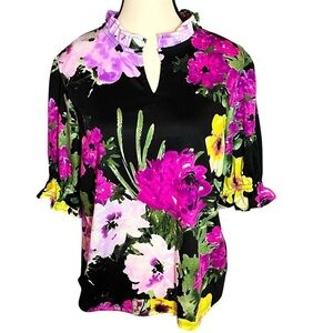 NWT Stella + Ginger Black Floral Top Ruffle Collar & Sleeves Women’s Size Medium